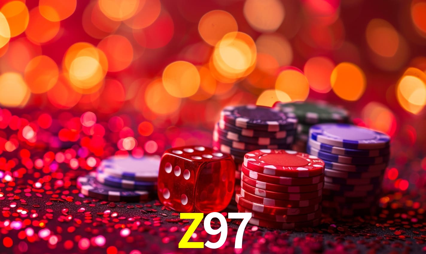 Una escena digital vívida inspirada en casino con Z97 mostrado prominentemente, luces brillantes, fichas, cartas y acentos dorados.
