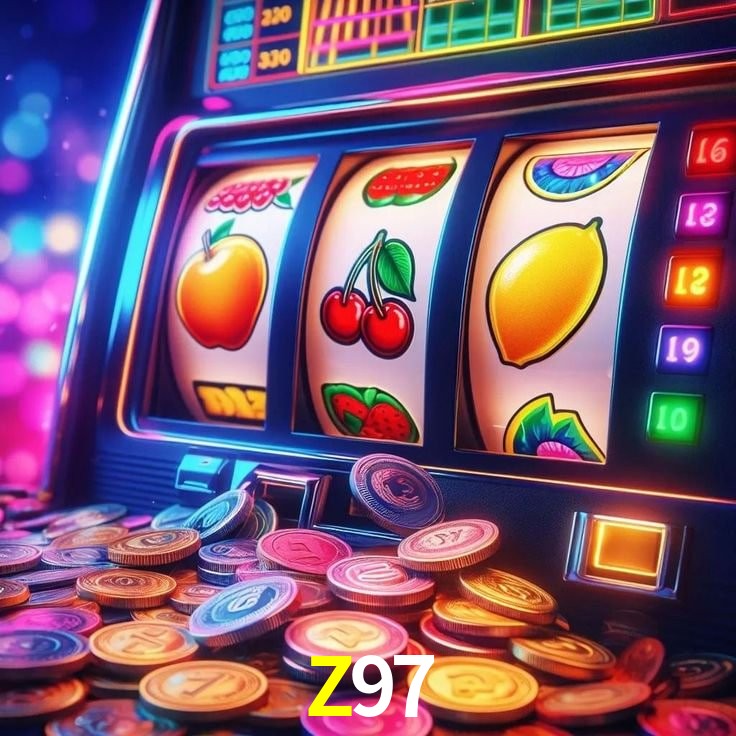 Escena dinámica inspirada en casino con iluminación Z97, cartas, fichas e íconos de juegos digitales en un espacio moderno de juegos.